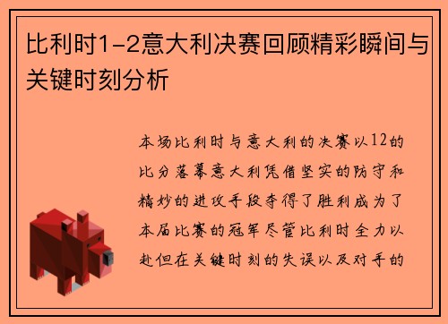 比利时1-2意大利决赛回顾精彩瞬间与关键时刻分析
