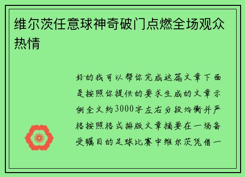 维尔茨任意球神奇破门点燃全场观众热情
