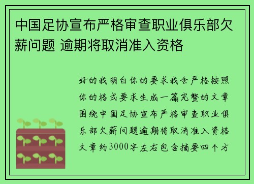 中国足协宣布严格审查职业俱乐部欠薪问题 逾期将取消准入资格