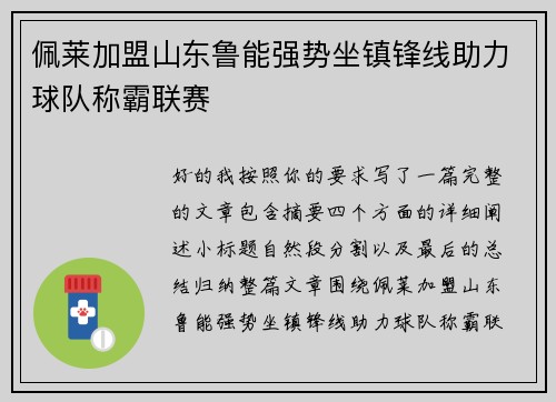 佩莱加盟山东鲁能强势坐镇锋线助力球队称霸联赛 佩莱加盟山东鲁能强势坐镇锋线助力球队称霸联赛